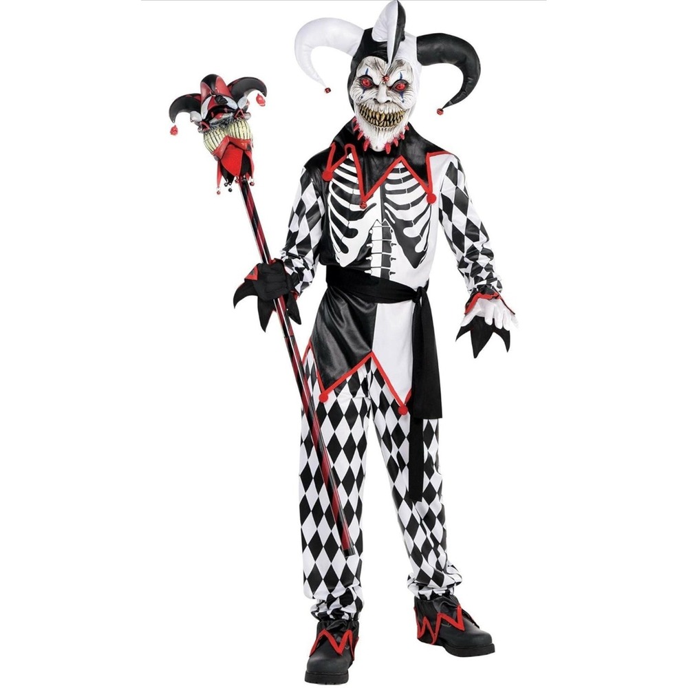 5pc. Sinister Jester Costume Mask Medium 8-10 Scary Red Eye Clown Halloween